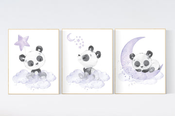 Nursery decor girl, panda nursery, purple and gray nursery wall art, panda nursery print, nursery decor animal, lilac, lavender, purple