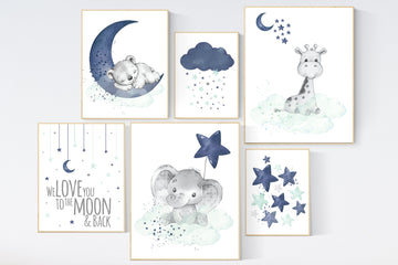 Nursery decor navy mint, navy and mint green nursery, elephant, giraffe, bear nursery, we love you to the moon and back, gender neutral