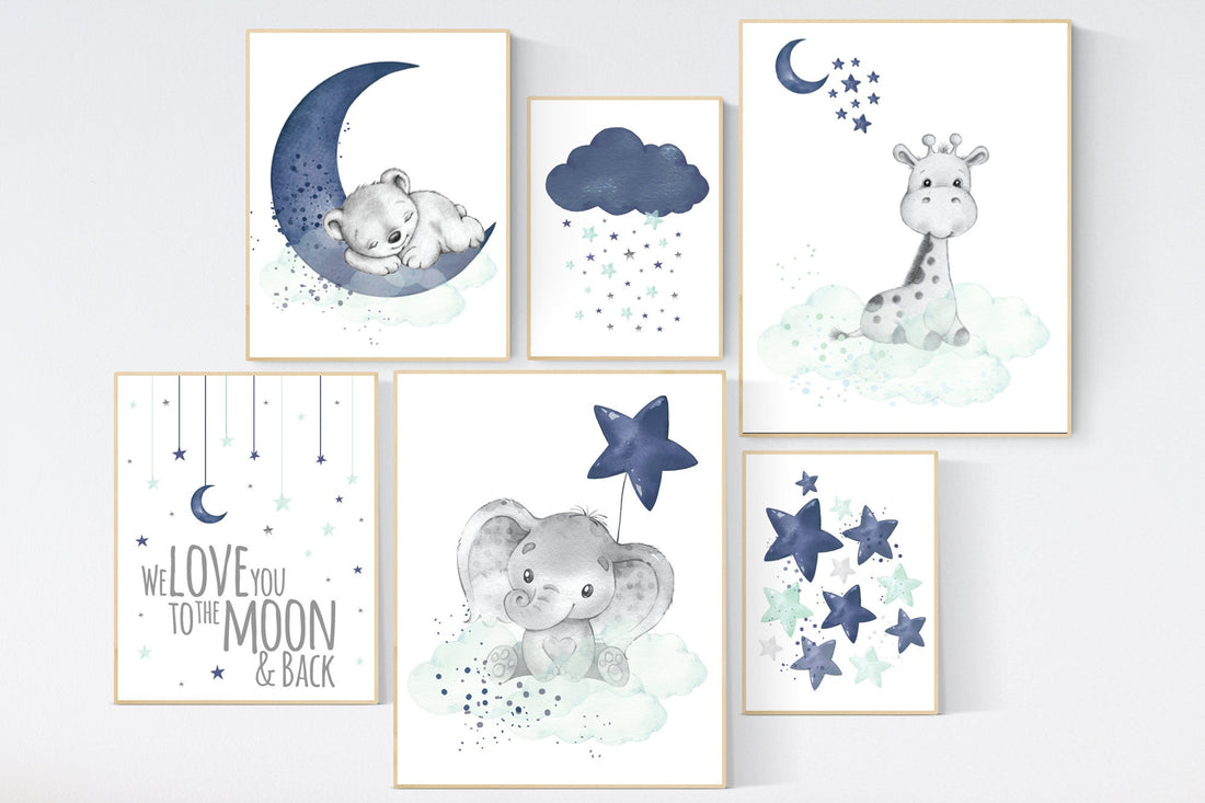 Nursery decor navy mint, navy and mint green nursery, elephant, giraffe, bear nursery, we love you to the moon and back, gender neutral