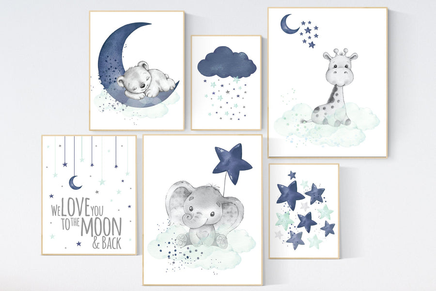 Nursery decor navy mint, navy and mint green nursery, elephant, giraffe, bear nursery, we love you to the moon and back, gender neutral