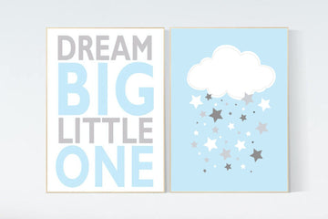 Blue nursery decor, Dream Big Little One Art Print, baby boy nursery, blue gray nursery decor, nursery wall art, clouds, nursery room boy