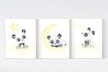 Panda nursery, yellow nursery decor, gender neutral prints, yellow gray nursery wall art, panda prints, animal nursery wall art, neutral