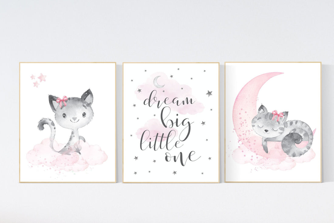 Cat nursery print, kitten nursery print, nursery decor girl, nursery art girl dream big, cat print, kittens, pink and grey, pink gray