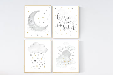 Nursery wall art grey, gray gold  nursery, rainbow nursery decor, baby room decor gender neutral, moon and stars, baby room wall art,