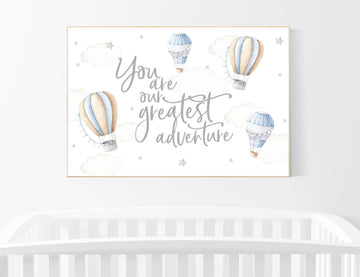 Hot air balloon nursery, Nursery decor neutral, you are our greatest adventure, gender neutral, beige blue, neutral colors, nursery prints
