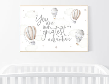 Hot air balloon nursery, Nursery decor neutral, you are our greatest adventure, gender neutral, beige gray, neutral colors, beige
