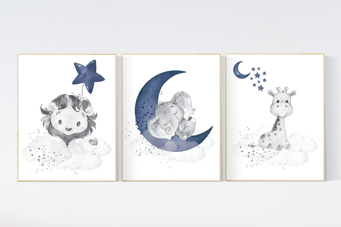 Lion, elephant and giraffe, Navy nursery decor, moon and stars, navy blue nursery art. baby room wall art, boy nursery decor, set of 3