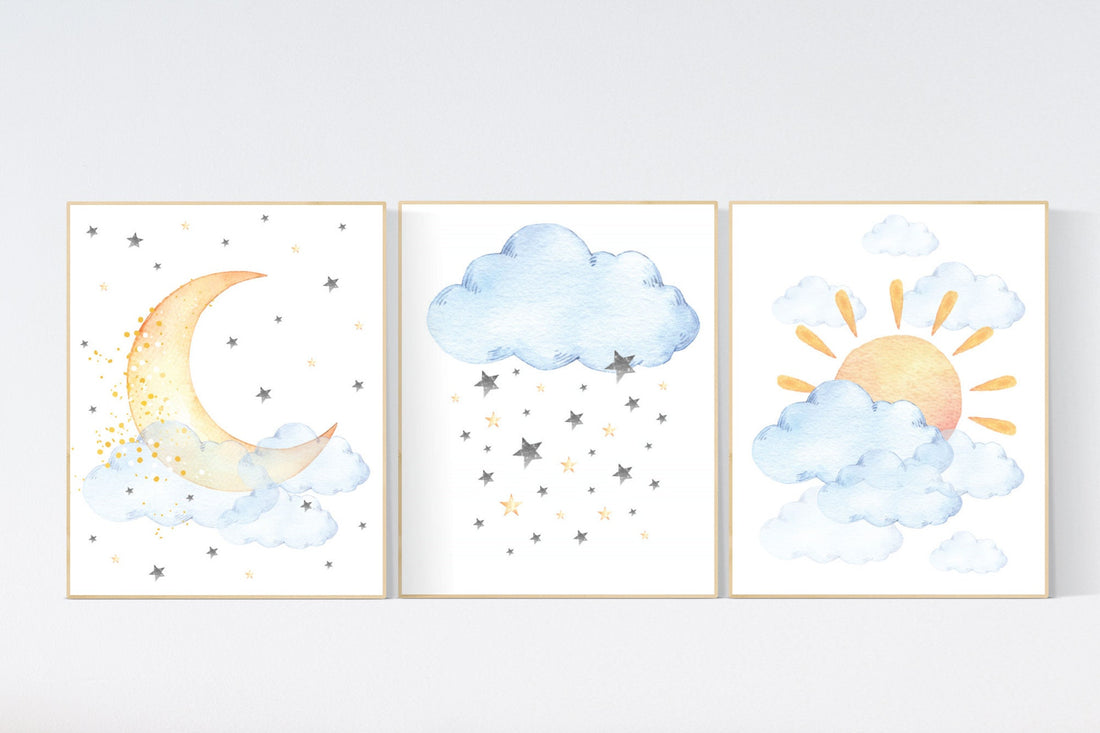 Nursery decor clouds, sunshine nursery, gender neutral nursery wall art, sun, cloud, baby room decor, blue yellow, nursery wall decor