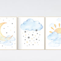 Nursery decor clouds, sunshine nursery, gender neutral nursery wall art, sun, cloud, baby room decor, blue yellow, nursery wall decor