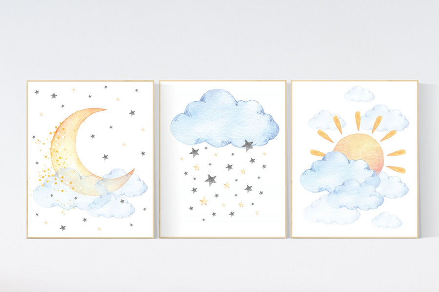 Nursery decor clouds, sunshine nursery, gender neutral nursery wall art, sun, cloud, baby room decor, blue yellow, nursery wall decor