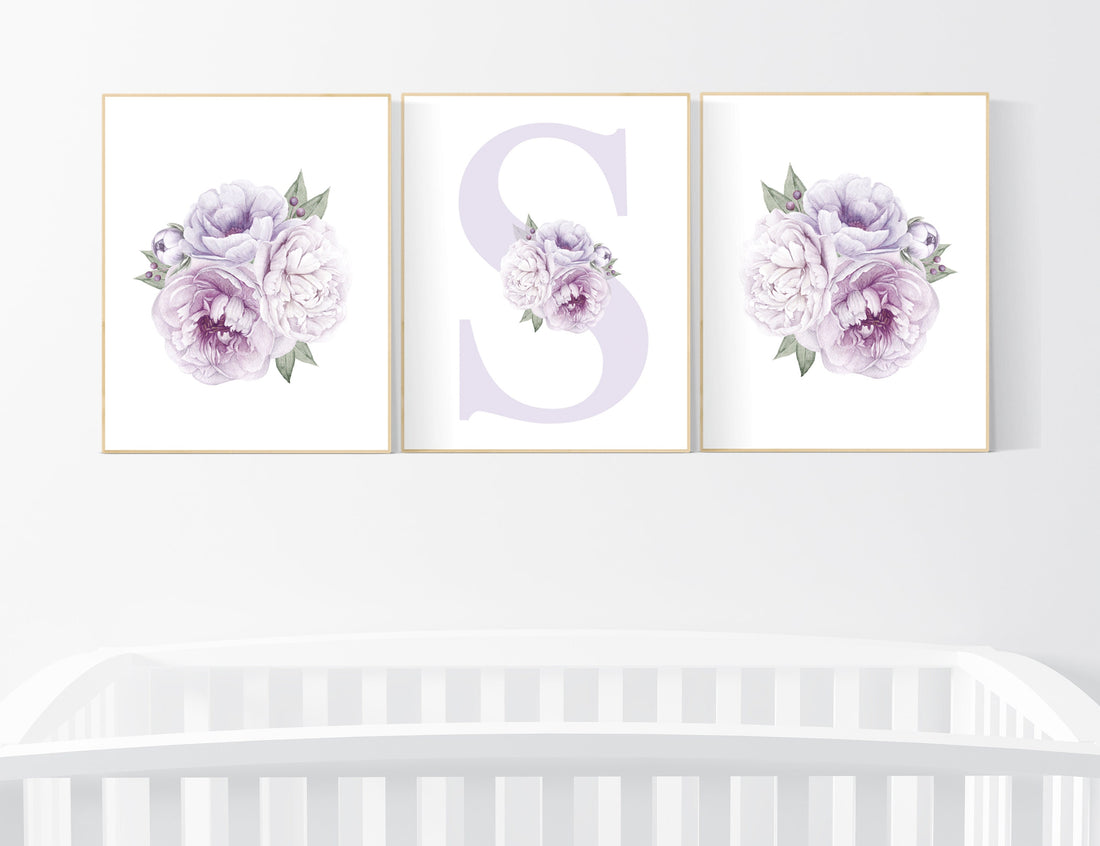 Nursery decor girl flower, floral nursery, lilac nursery, purple, peony flower, lavender nursery, girl nursery wall decor, set of 3 prints