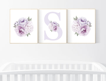 Nursery decor girl flower, floral nursery, lilac nursery, purple, peony flower, lavender nursery, girl nursery wall decor, set of 3 prints
