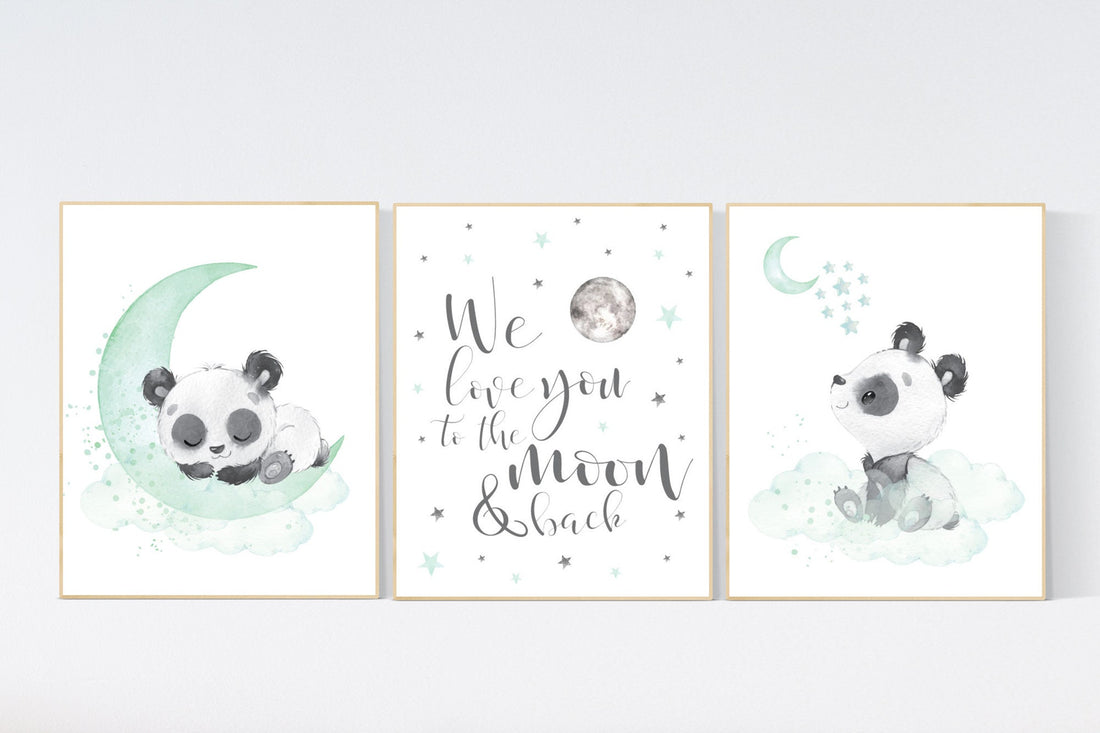 Panda nursery, mint nursery decor, gender neutral prints, mint nursery wall art, panda prints, animal nursery wall art, neutral nursery