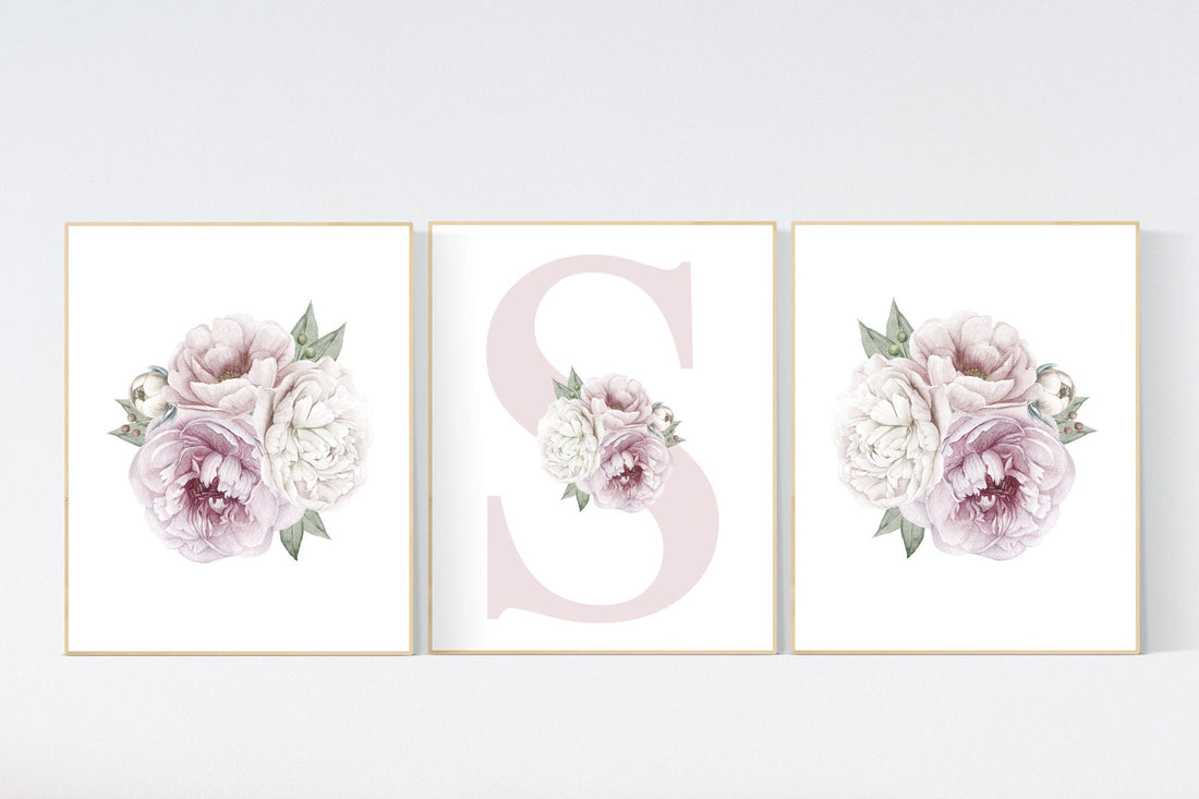 Nursery decor girl flower, floral nursery, peony nursery, burgundy, peony flower, girl nursery wall decor, set of 3 prints, initial art