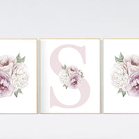 Nursery decor girl flower, floral nursery, peony nursery, burgundy, peony flower, girl nursery wall decor, set of 3 prints, initial art