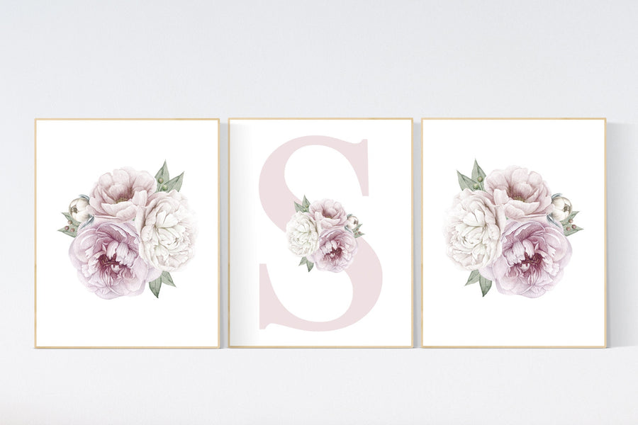 Nursery decor girl flower, floral nursery, peony nursery, burgundy, peony flower, girl nursery wall decor, set of 3 prints, initial art