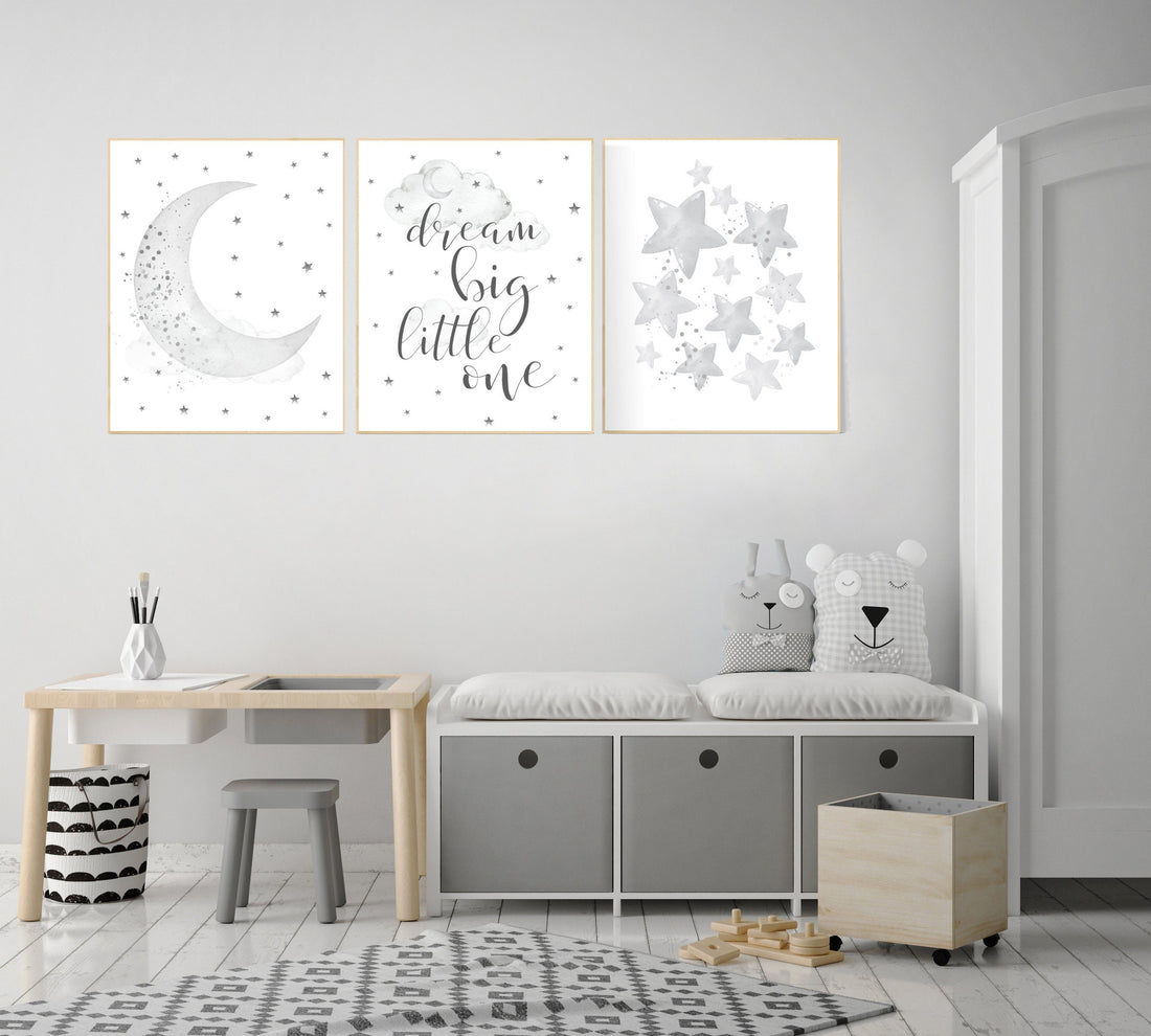 Nursery wall art gender neutral, gray nursery, grey nursery, nursery decor neutral, baby room decor, cloud and stars, dream big little one