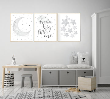 Nursery wall art gender neutral, gray nursery, grey nursery, nursery decor neutral, baby room decor, cloud and stars, dream big little one