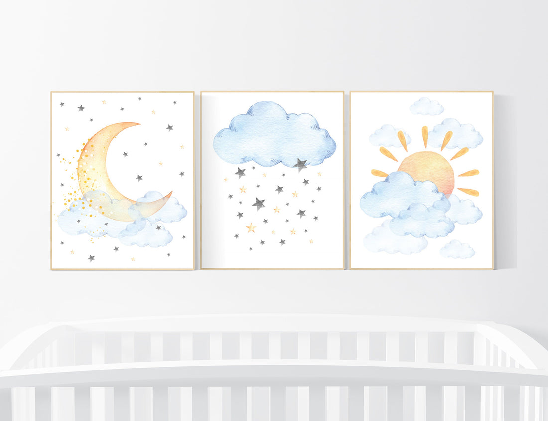 Nursery decor clouds, sunshine nursery, gender neutral nursery wall art, sun, cloud, baby room decor, blue yellow, nursery wall decor