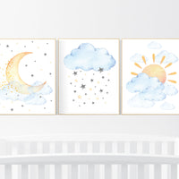 Nursery decor clouds, sunshine nursery, gender neutral nursery wall art, sun, cloud, baby room decor, blue yellow, nursery wall decor