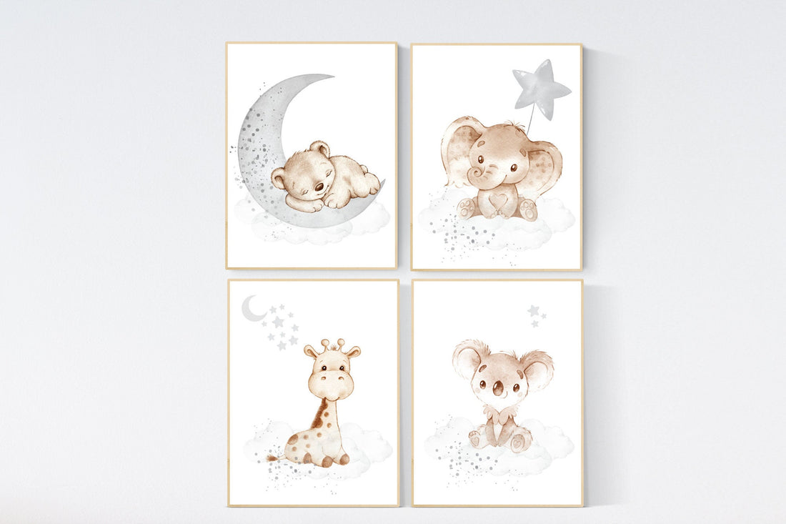 Nursery wall art animals, gray nursery, gender neutral nursery, neutral nursery, baby room decor, bear, elephant, giraffe, animal prints