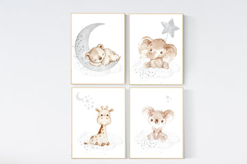 Nursery wall art animals, gray nursery, gender neutral nursery, neutral nursery, baby room decor, bear, elephant, giraffe, animal prints