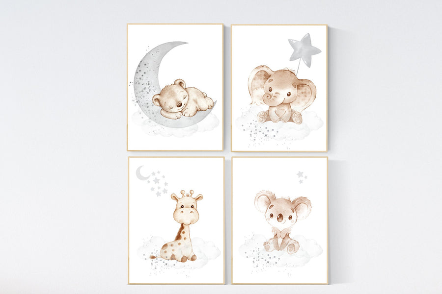 Nursery wall art animals, gray nursery, gender neutral nursery, neutral nursery, baby room decor, bear, elephant, giraffe, animal prints