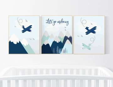 Adventure nursery decor, travel adventure nursery, nursery wall art boy, nursery prints boy mountain, airplane, world map, explore nursery