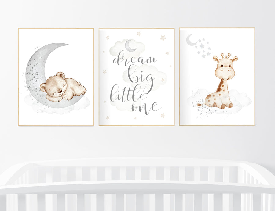 Nursery wall art animals, gray, beige, gender neutral nursery, neutral, bear, giraffe, animal prints, dream big little one, wall decor,