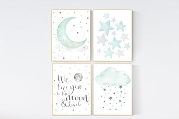 Nursery decor mint, Mint nursery, gender neutral nursery, we love you to the moon and back, mint green nursery wall art, cloud and star