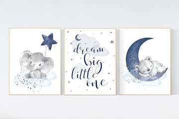 Nursery decor elephant and  bear, animal nursery prints, navy nursery, navy blue nursery, baby room wall decor, animal prints, quote nursery