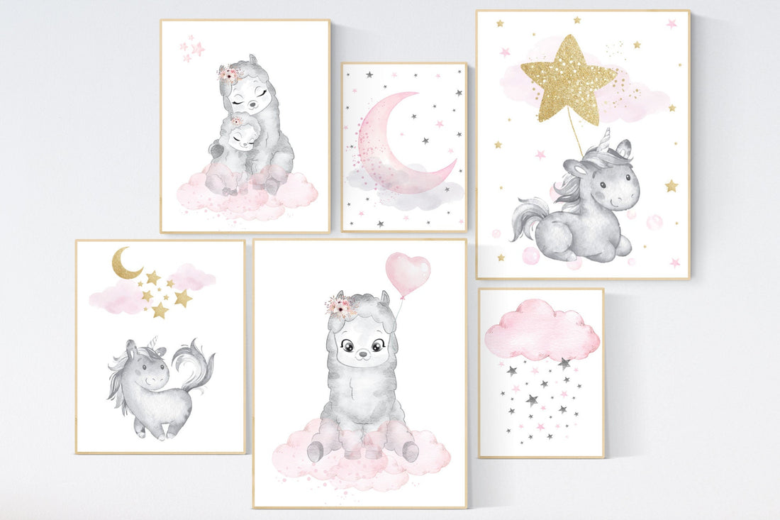 Nursery decor girl, Nursery decor llama, unicorn, baby room decor girl gold and pink, gold nursery art, cloud stars, girl nursery wall decor