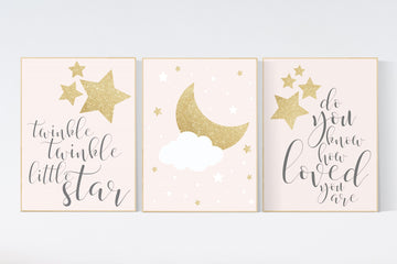 Pink gold nursery art, blush pink nursery decor, blush pink and gold, girls room wall decor, twinkle twinkle little star