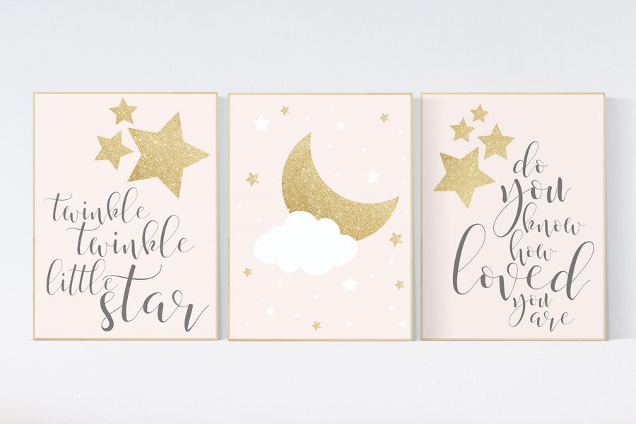 Pink gold nursery art, blush pink nursery decor, blush pink and gold, girls room wall decor, twinkle twinkle little star