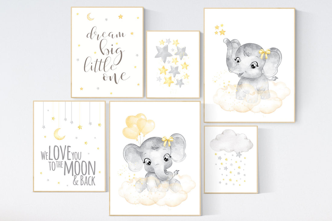 Nursery decor elephant, yellow grey nursery wall art, moon and stars, yellow nursery, gender neutral, twin nursery, unisex, yellow gray