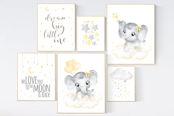 Nursery decor elephant, yellow grey nursery wall art, moon and stars, yellow nursery, gender neutral, twin nursery, unisex, yellow gray