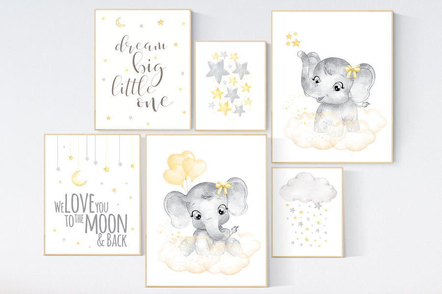Nursery decor elephant, yellow grey nursery wall art, moon and stars, yellow nursery, gender neutral, twin nursery, unisex, yellow gray