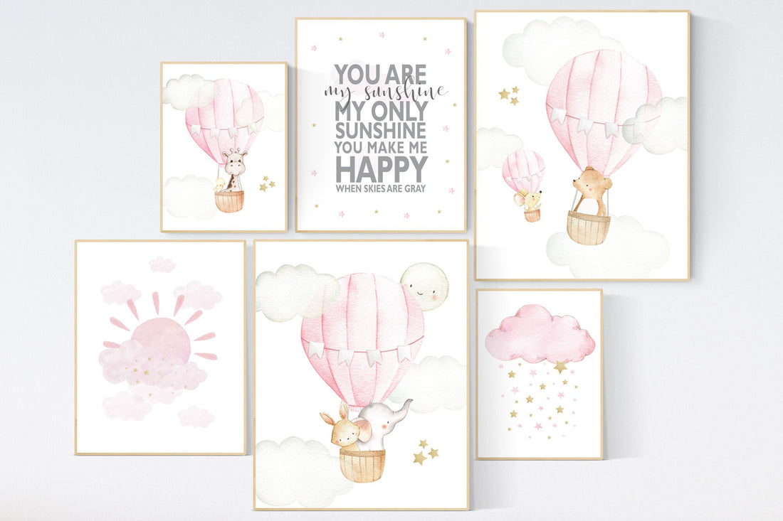 Nursery decor girl, Nursery decor elephant, gold and pink, hot air balloon, you are my sunshine, sun nursery, animal prints, animal nursery