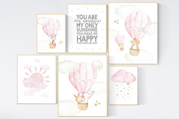 Nursery decor girl, Nursery decor elephant, gold and pink, hot air balloon, you are my sunshine, sun nursery, animal prints, animal nursery