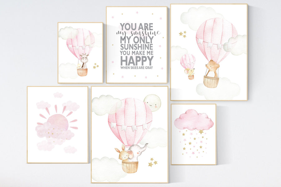 Nursery decor girl, Nursery decor elephant, gold and pink, hot air balloon, you are my sunshine, sun nursery, animal prints, animal nursery