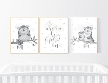 Nursery wall art grey, gray nursery, gender neutral nursery, owl nursery, moon, stars, grey nursery wall decor, baby room art prints