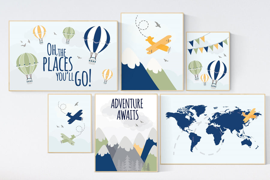 Adventure nursery decor, Nursery decor boy mountains adventure, nursery decor boy airplane, world map nursery, adventure awaits, navy yellow