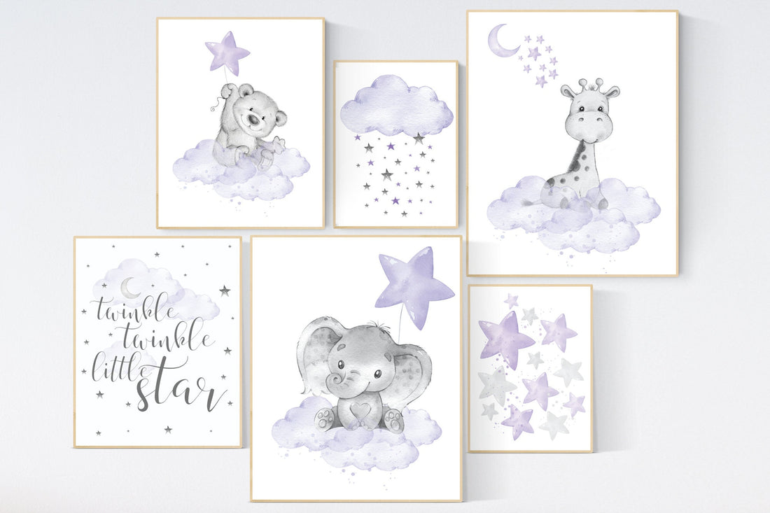 Nursery decor girl purple, nursery decor animals, bear, elephant, giraffe, moon and stars, nursery prints girl, lavender, lilac, nursery art