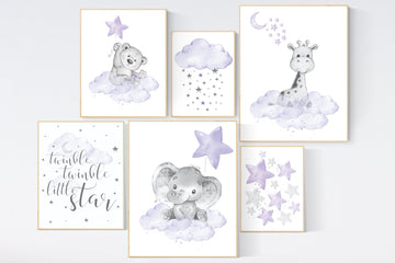 Nursery decor girl purple, nursery decor animals, bear, elephant, giraffe, moon and stars, nursery prints girl, lavender, lilac, nursery art
