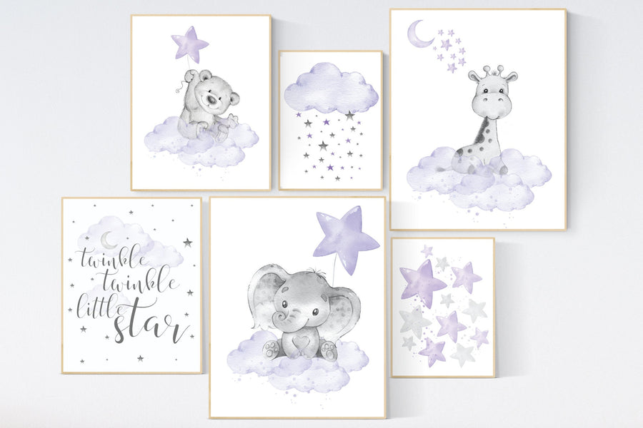 Nursery decor girl purple, nursery decor animals, bear, elephant, giraffe, moon and stars, nursery prints girl, lavender, lilac, nursery art