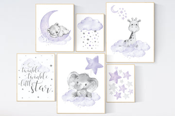 Nursery decor girl purple, nursery decor animals, bear, elephant, giraffe, moon and stars, nursery prints girl, lavender, lilac, nursery art