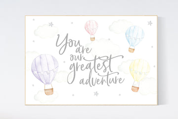 Hot air balloon nursery, gender neutral, pastel color, you are our greatest adventure, twin nursery, unisex, pink, blue, yellow, purple