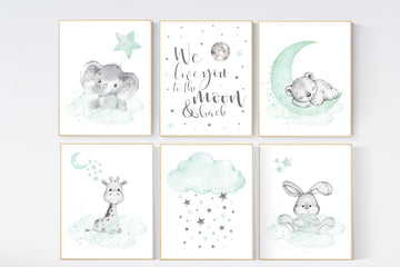 Nursery decor mint and grey, nursery wall art neutral, moon and stars, mint green, bear, giraffe, elephant, bunny, gender neutral nursery