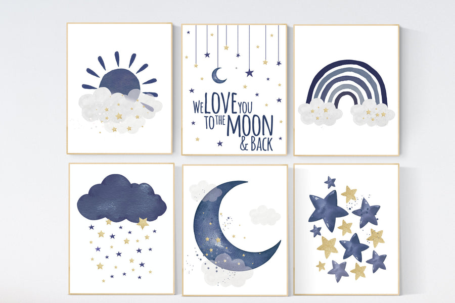 Navy nursery decor, boy nursery wall decor, rainbow nursery, cloud and stars, moon and stars, navy blue, gold nursery, nursery prints boy