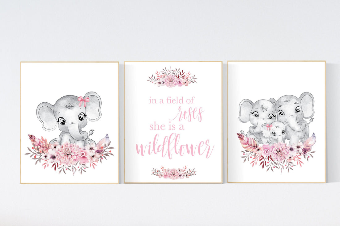 Nursery wall art elephant, nursery decor girl flower, nursery decor girl floral, Boho baby room, pink nursery decor, flower baby room